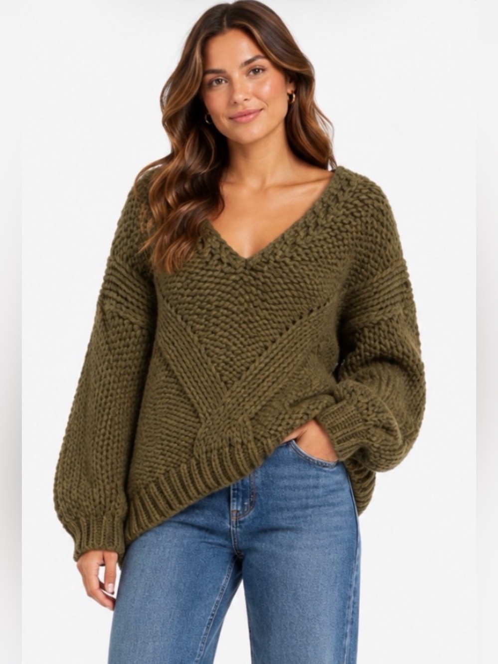 Olive Green Chunky V-Neck Knit Sweater